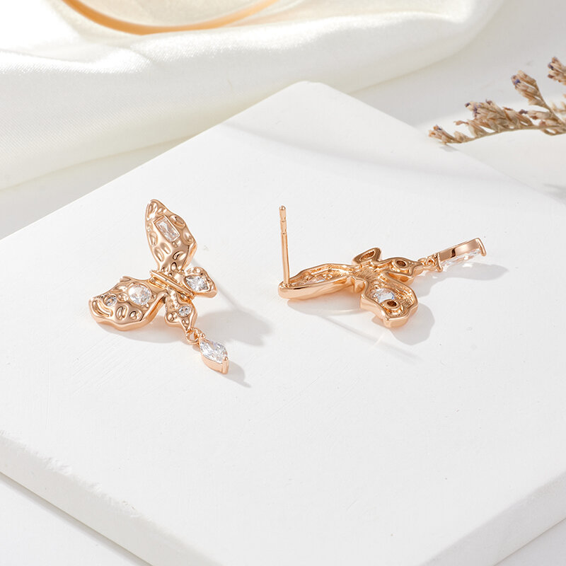 SYOUJYO 585 골드 컬러 나비 댕글 귀걸이 여성용, 반짝이는 천연 지르콘 파인 주얼리