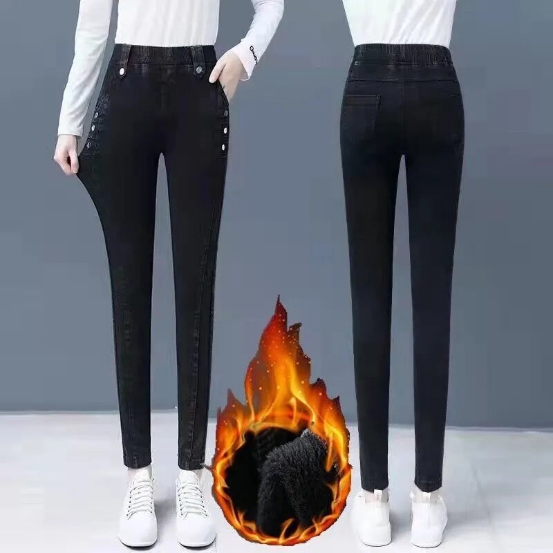 Jeans a matita elasticizzati in velluto donna inverno Plus Big Size 34 Vintage Slim addensare Jean Warm Skinny Denim Pants Leggings a vita alta