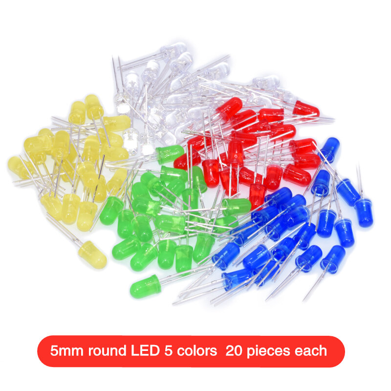 Diodo emissor de luz 5 cores f5 5mm redondo led sortimento kit ultra brilhante difundido verde/amarelo/azul/branco/vermelho 100 pcs/peça