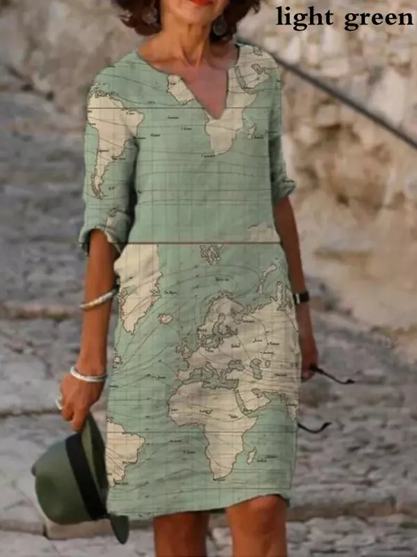 فستان صيفي فضفاض غير رسمي للنساء موديل 2023 مع نقشة ورود وأكمام على شكل حرف V وطباعة بخريطة