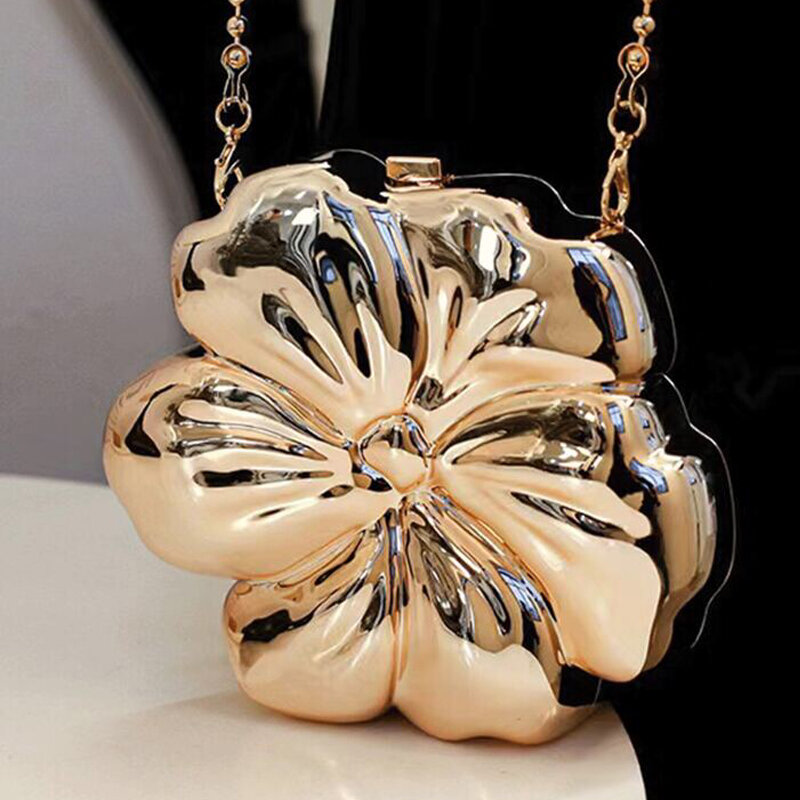 Fashion Flower Shaped Clucth Bag for Women Metal Box Shoulder Crossbody Bags Luxury Evening Party Purses 2024