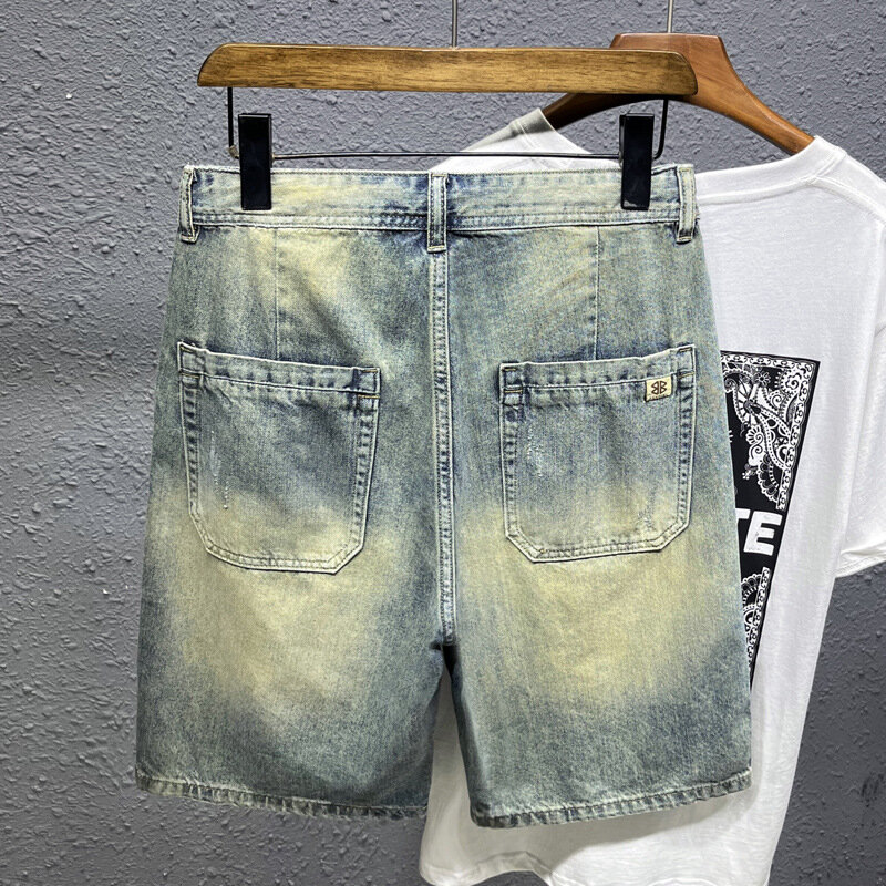 Nostalgic Ripped Middle Pants Denim Shorts Men's Summer Retro Street Trendy Elastic Waist Stretch Distressed Cropped Pants