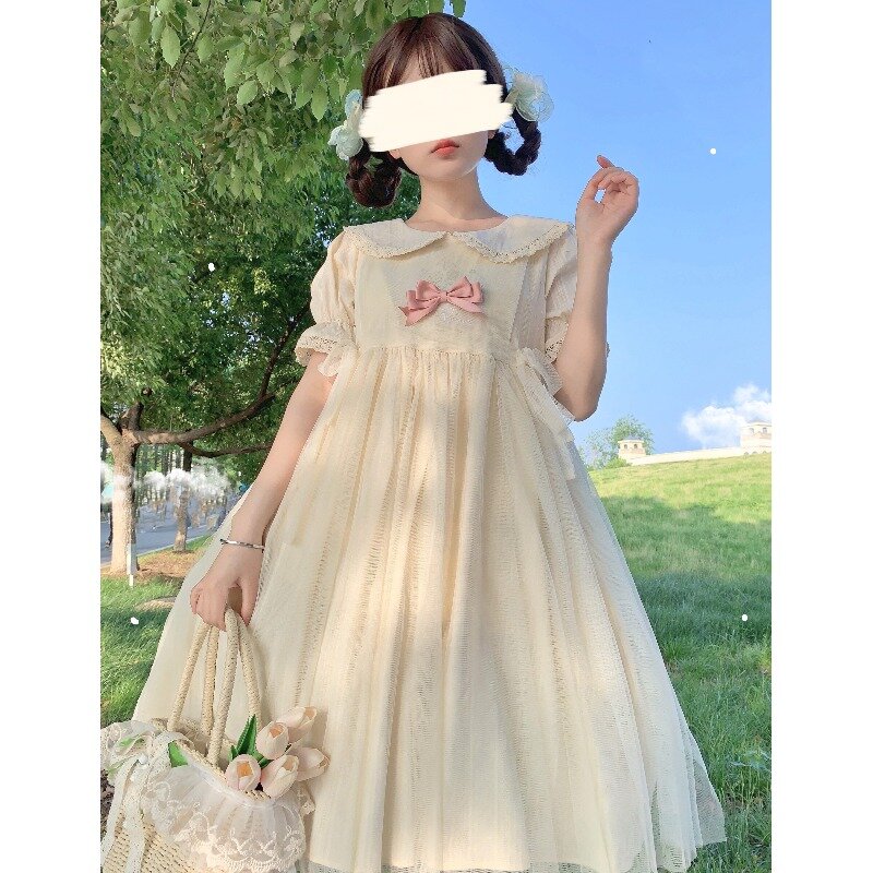 Dulce Lolita vestido de princesa suave japonés para niña, vestido de Lolita con lazo, cuello Peter Pan, manga corta, vestido Kawaii de verano