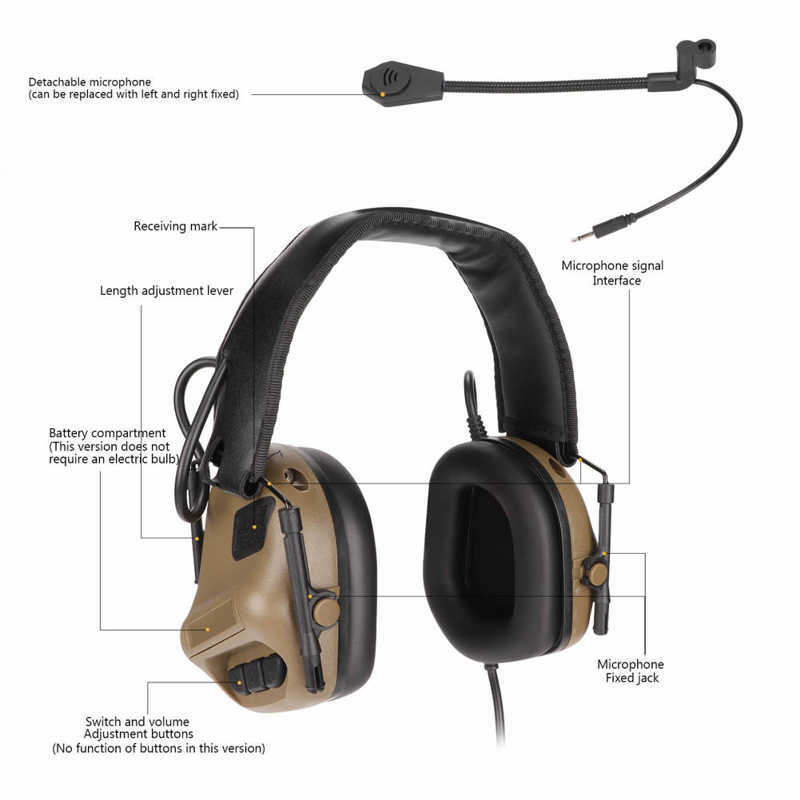 Fone de ouvido militar sem redução ruído multifuncional dobrável lama cor caça fone de ouvido para interfone