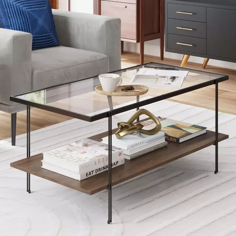 Mid-Century Rectangle Coffee Table Glass Top and Wood Finish Storage Shelf with Metal Legs, Walnut/Black Café Tables