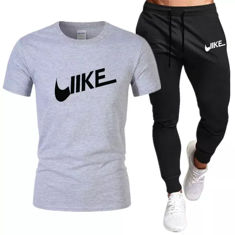 ชุดวอร์มสองชิ้นสำหรับผู้ชายชุดเสื้อเชิ้ตผู้ชายเสื้อยืดลำลองแขนสั้น + กางเกงขายาวชุดออกกำลังกายลำลองสำหรับกีฬาฟิตเนส