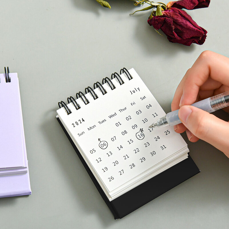 Minicalendario de escritorio para el hogar, calendario portátil de papel grueso con encuadernación de alambre doble, color blanco y negro, 2024
