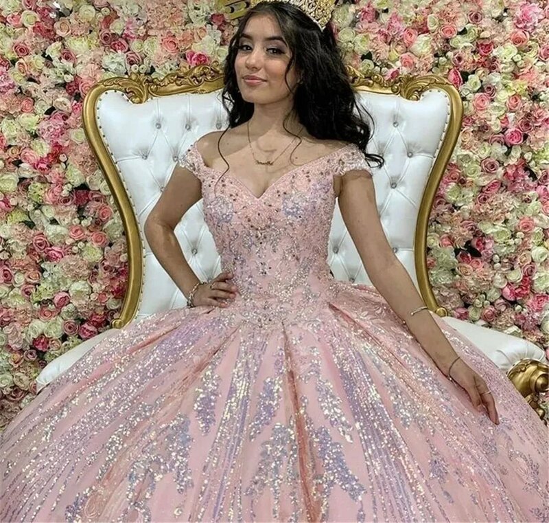 Pink Quinceanera Dresses Ball Gown Off The Shoulder Sparkly Lace Beaded Sweet 16 Dresses 15 Años Mexican