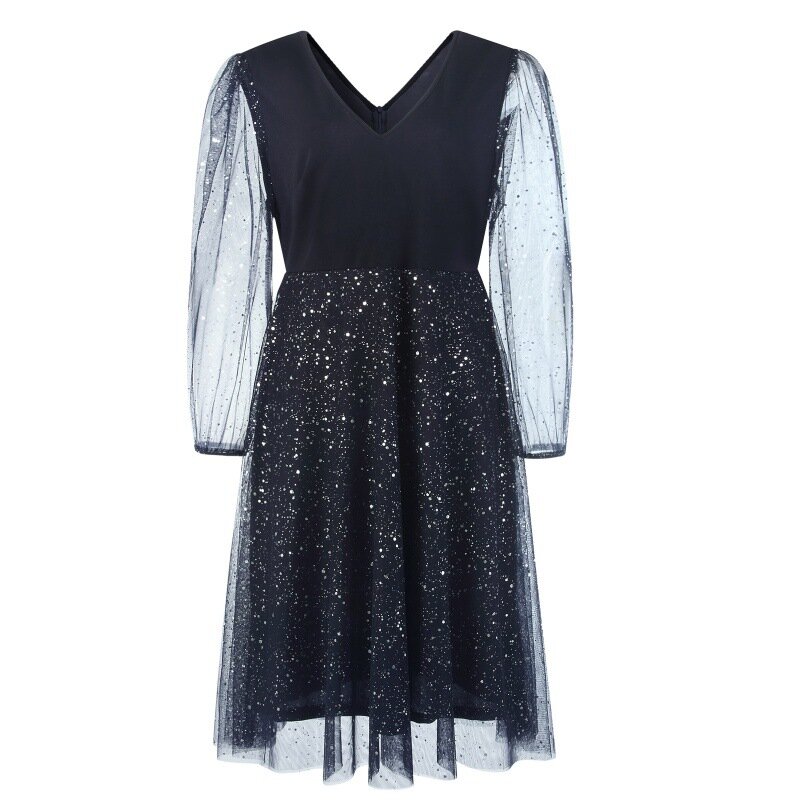 Damska elegancka sukienka na przyjęcie urodzinowe Midi 2024 czarna granatowa tiulowa patchworkowa z dekoltem w szpic elegancka seksowna damska szczupła duża suknie balowe