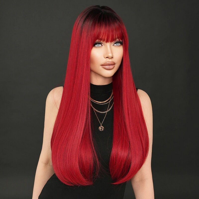 NAMM-perucas retas longas com raízes escuras para mulheres, cabelo com franja resistente ao calor, cabelo sintético vermelho profundo, alta densidade, uso diário