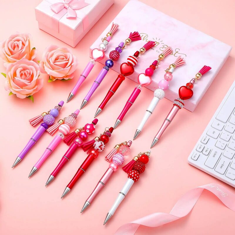 24Pcs Plastic Beadable Pen Creative DIY Beads Ballpoint Pen With Shaft Black Ink Stationery School Office Supplies Kids Gift