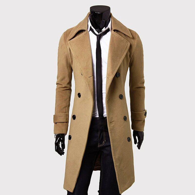 Casaco longo trespassado, jaqueta de comprimento médio, à prova de vento, grosso, britânico slim, monocromático, outono e inverno