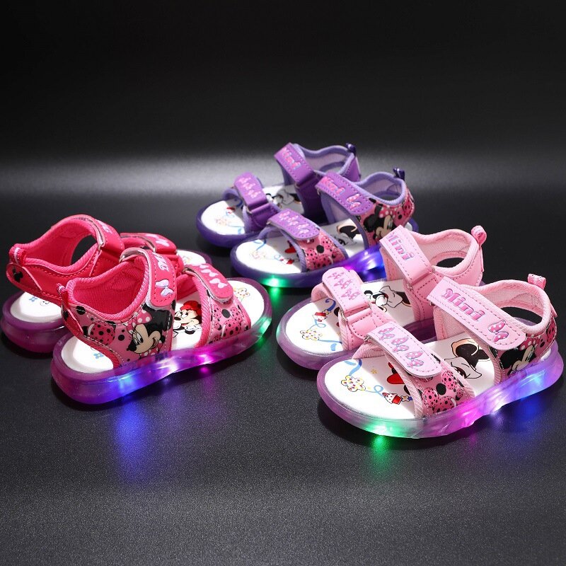 Sandálias casuais das meninas Mickey e Minnie LED Light, tênis brilho luminoso infantil, sapatos de princesa ao ar livre, bebê, crianças