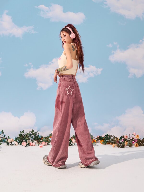 핑크 스타 스트레이트 레그 청바지 여성, Y2K 디자인 느낌, 루즈하고 슬림한 와이드 레그 캐주얼 바지, 여름