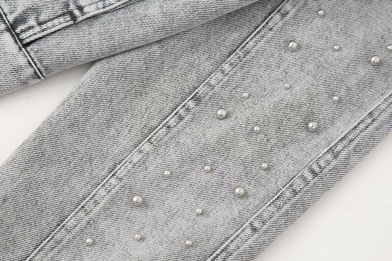 Jaqueta jeans curta e fina para mulheres, decoração de pérola artificial, casaco retrô de manga comprida, botão para cima, blusa chique, nova moda