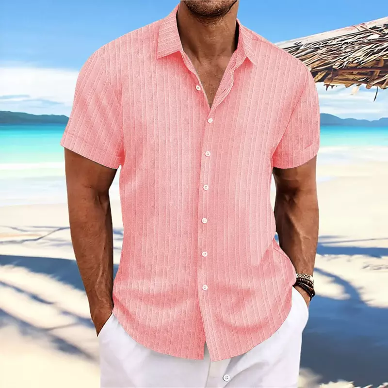 Мужская льняная рубашка в полоску, жаккардовая Повседневная модная Свободная рубашка с коротким рукавом, 2024