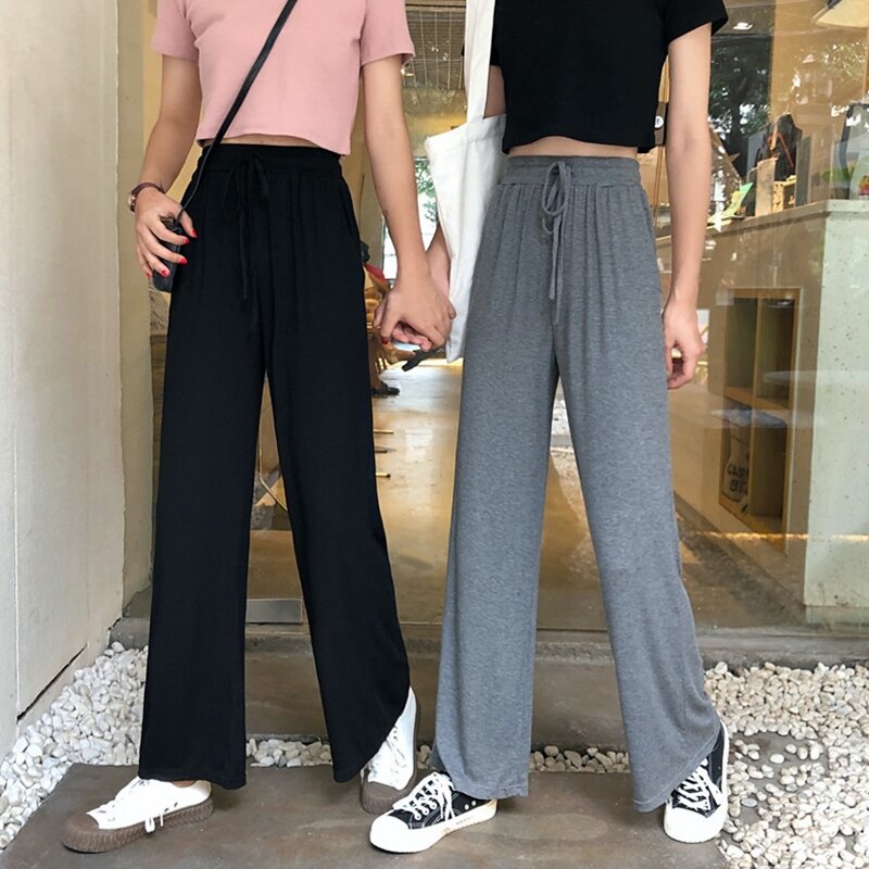 652F-Pantalones Palazzo de pierna ancha con cordón para mujer, pantalones sencillos de Color sólido, holgados e informales, largos y rectos, de verano