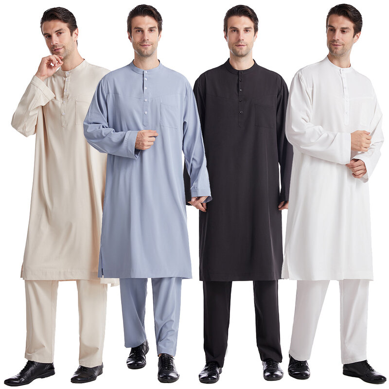 2 stücke saudi arabische Herren Jubba Jubbah Omani Thobe Kleid Dubai Abaya Muslim Langarm Tops Hosen Set Eid Ramadan islamische Kleidung