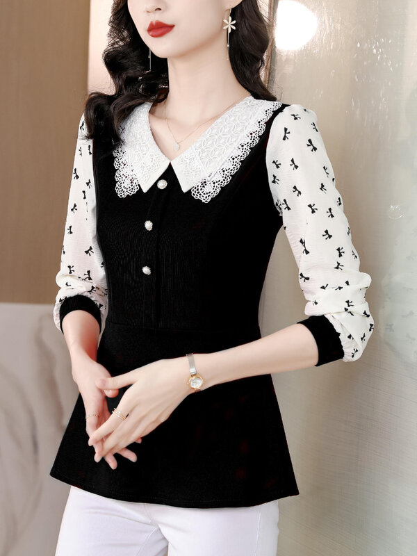 2024 Office Women's Shirts Fall Basic Clothing French Design Patchwork Long Sleeve Shirt With Buttons White Lace Blouses LJ238