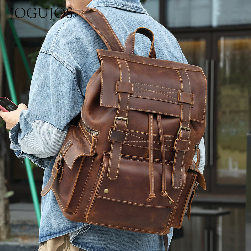 JOGUJOS Men's Genuine Leather Backpack Vintage Crazy Horse Leather Mens Casual Travel Bag 17" Laptop Daypack Fashion Design