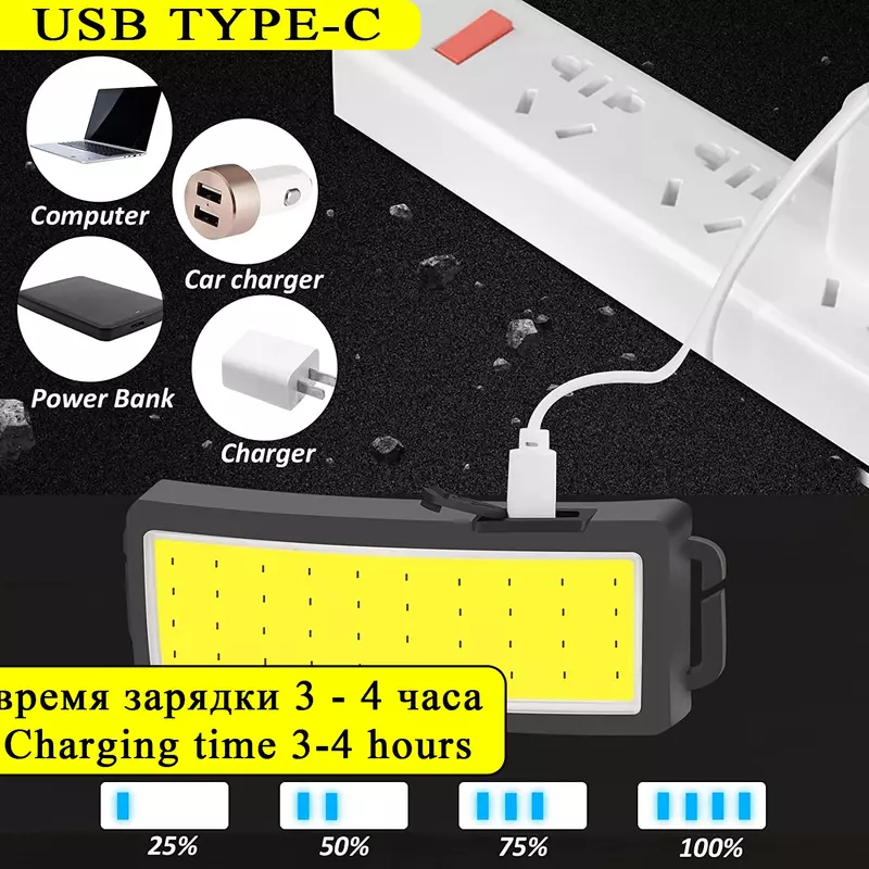 Lampe frontale à LED COB Rechargeable par USB avec batterie intégrée, lampe de poche Portable et lumineuse pour la pêche et le Camping