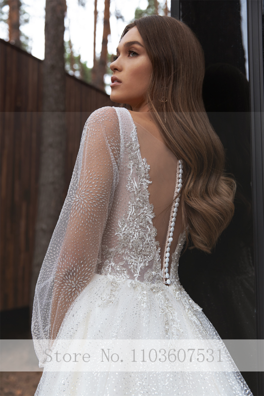Deep V-neck Appliques Lace Tulle A-line Spotted Wedding Dress for Women Long Sleeve Court Wedding Bridal Gown robe de mariée