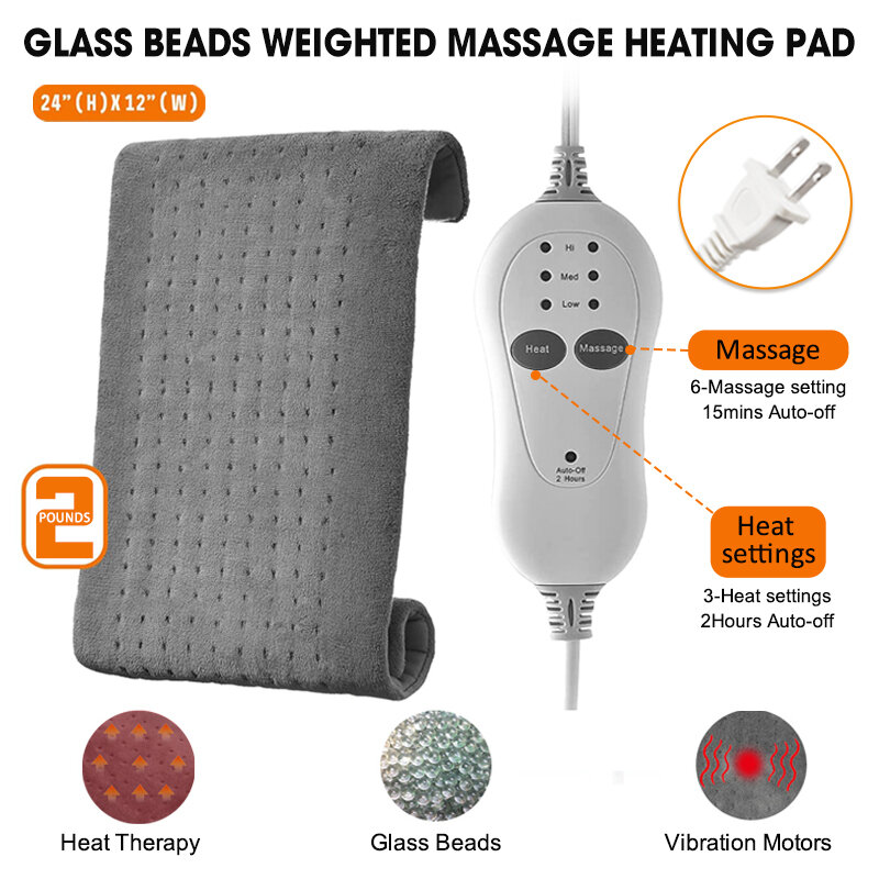 Almohadilla calefactora de masaje eléctrico para alivio del dolor de espalda, almohadillas vibratorias con peso de vidrio, tamaño grande de 12x24 pulgadas, enchufe estadounidense de 110V, 2 libras, XL