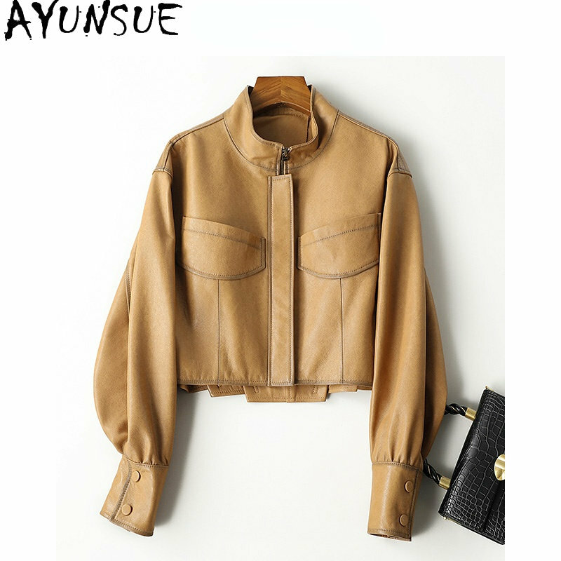 AYUNSUE-Chaqueta de cuero auténtico para mujer, abrigo corto de piel de oveja auténtica, abrigos de motociclista, primavera y otoño, 2023