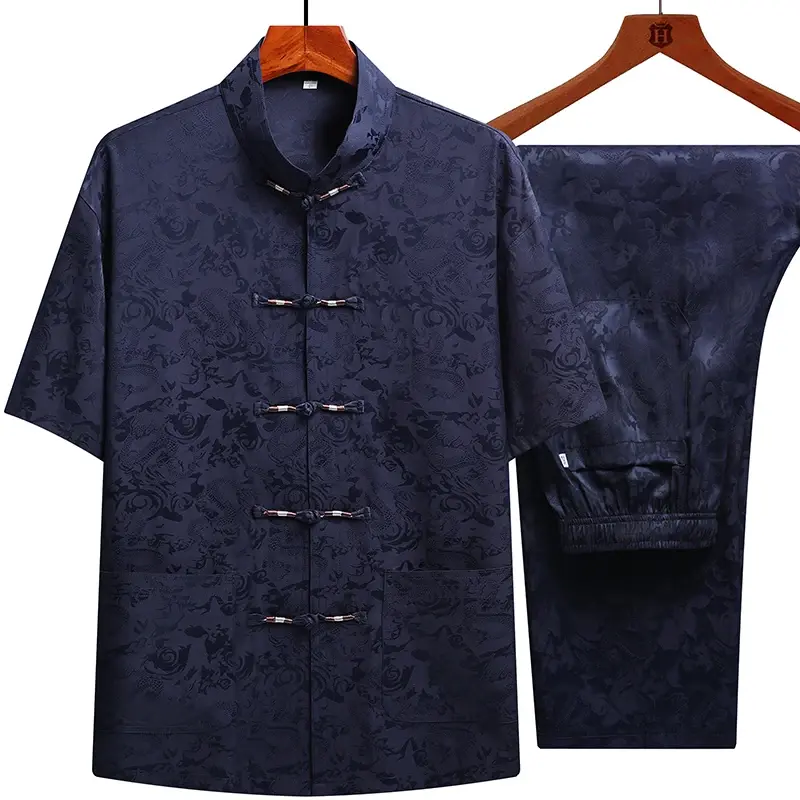 男性のための伝統的な中国の服、綿のリネン、花柄の印刷、手作りのボタン、半袖、夏