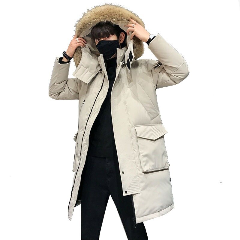 メンズの冬のジャケット,厚くて暖かいフード付きの毛皮の襟付きの暖かいコート,ステッカー付きの白いダックダウンジャケット