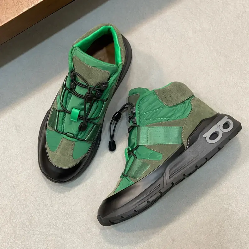 New Designer High-top Sneakers Green Paneled Calfskin Suede Nylon Taffeta Men's Outdoor Hiking Shoes