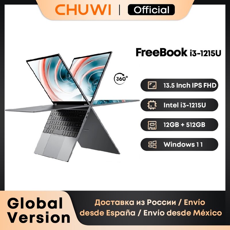 CHUWI-Ordinateur portable FreePle2023 i3-1215U processeur 6 cœurs, écran IPS 13.5 ", 2 en 1, ordinateur portable, tablette, PC, 12 Go de RAM, 512 Go de SSD, stylet de support