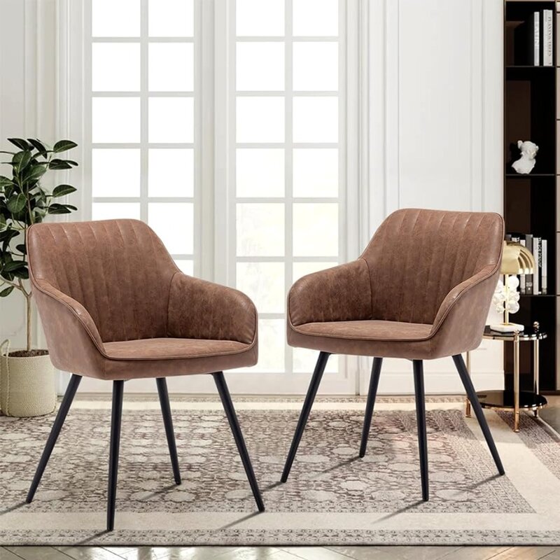 Set kursi 2 kursi berlengan Modern, kulit buatan cokelat cocok untuk ruang tamu, ruang makan, dengan kaki logam, kursi tamu