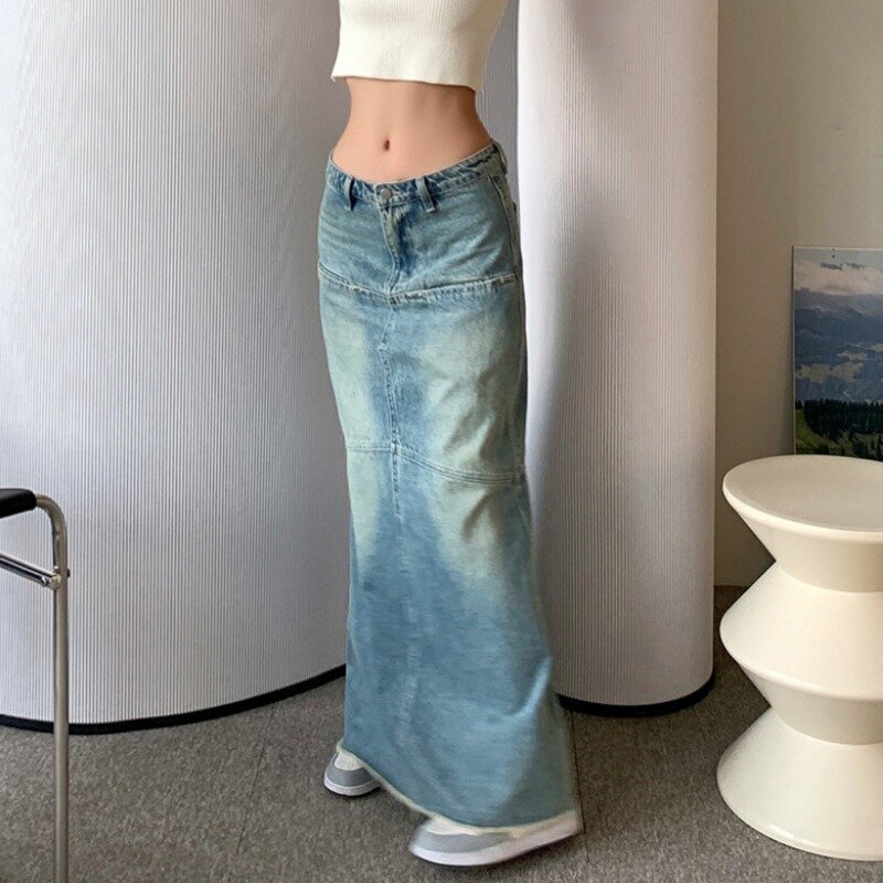 Летняя новая джинсовая юбка средней длины с высокой талией, однотонная Повседневная трапециевидная юбка, Женская юбка, уличная Свободная юбка-трапеция y2k