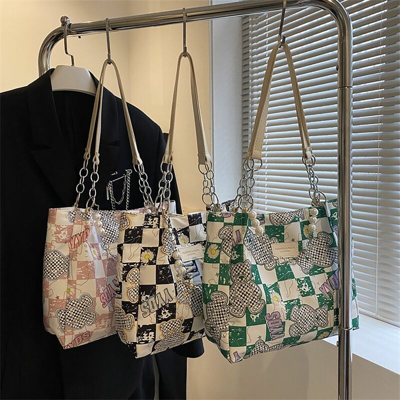 Checkerboard Shoulder Bag Vintage Large Capacity Oxford Cloth Handbag Pearls Chain Commuting Bag College Student