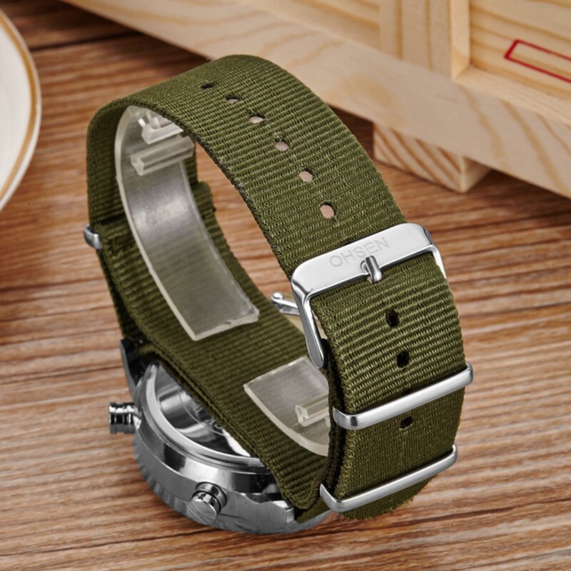 OHSEN męskie zegarki kwarcowe sportowy zegarek w stylu wojskowym cyfrowe armii zielone płótno pasek zegarki wodoodporne podwójny czas mężczyźni zegar zegarek