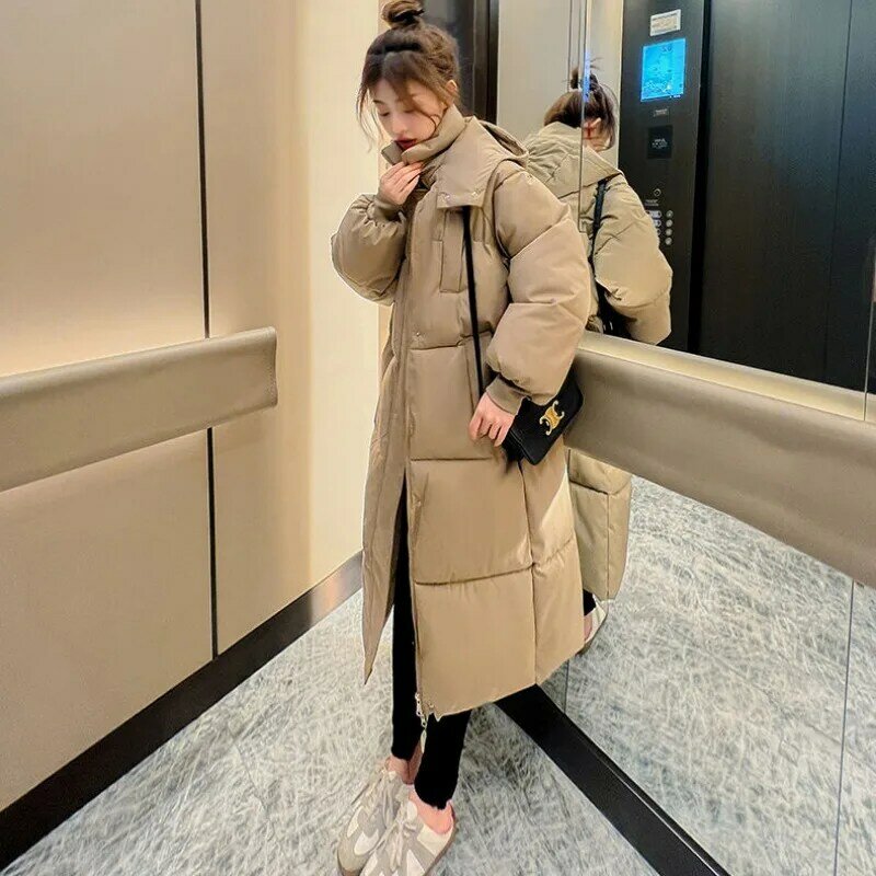 Jaket hangat bertudung wanita, mantel parka longgar tebal hangat musim dingin versi setengah panjang 2023