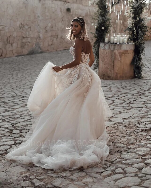 Gaun pernikahan tanpa tali applique panjang lantai menakjubkan 2024 gaun pengantin A-Line renda vestivestivestido de Noiva