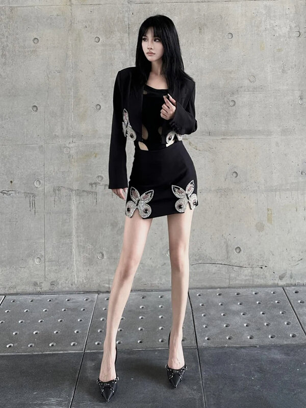 Mulheres mangas compridas diamante borboleta cristal top e conjunto de saia curta, ternos pretos sexy, celebridade designer de moda