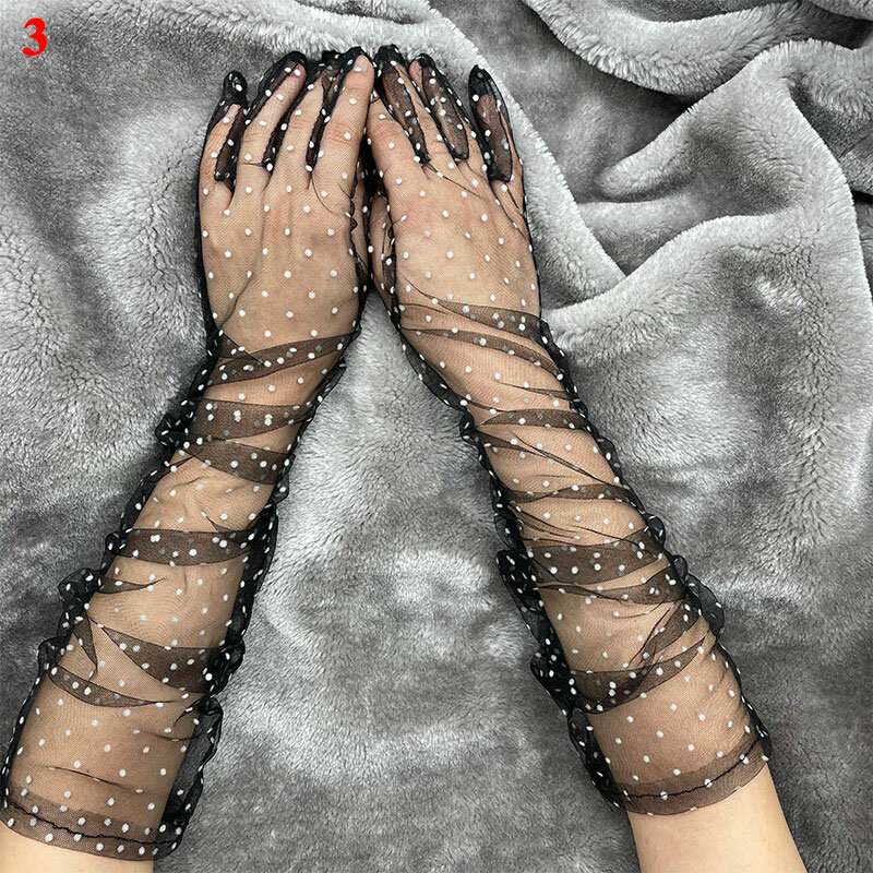 Guantes cortos de tul para mujer, manoplas de dedo completo con puntos blancos y negros, elásticos, manchas de encaje, otoño y verano