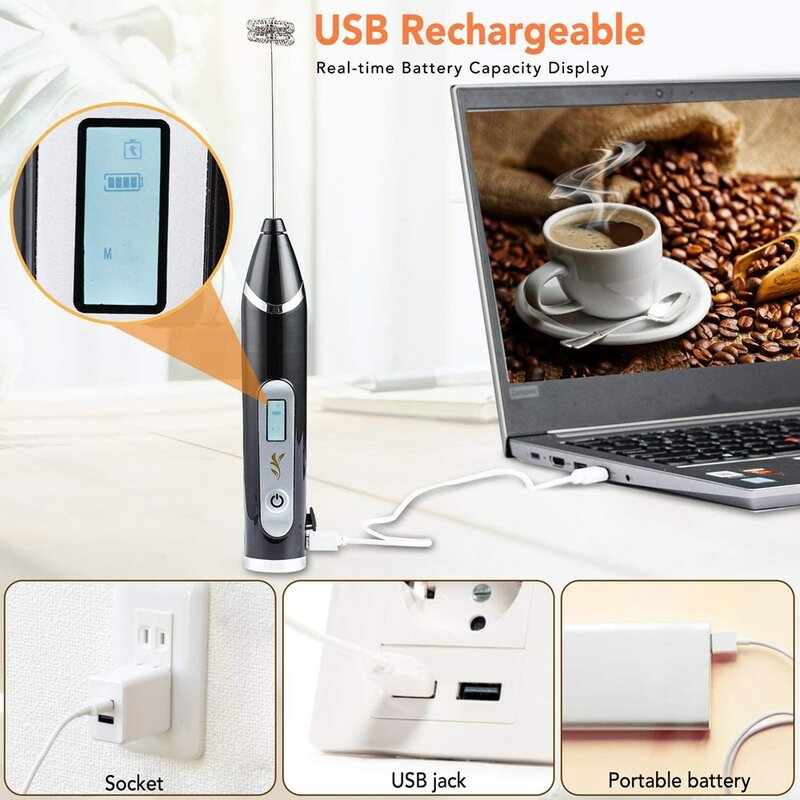 USB充電器付き電動ハンドブレンダー,バブルマシン,3つのモード,コーヒーとカプチーノのミキサー