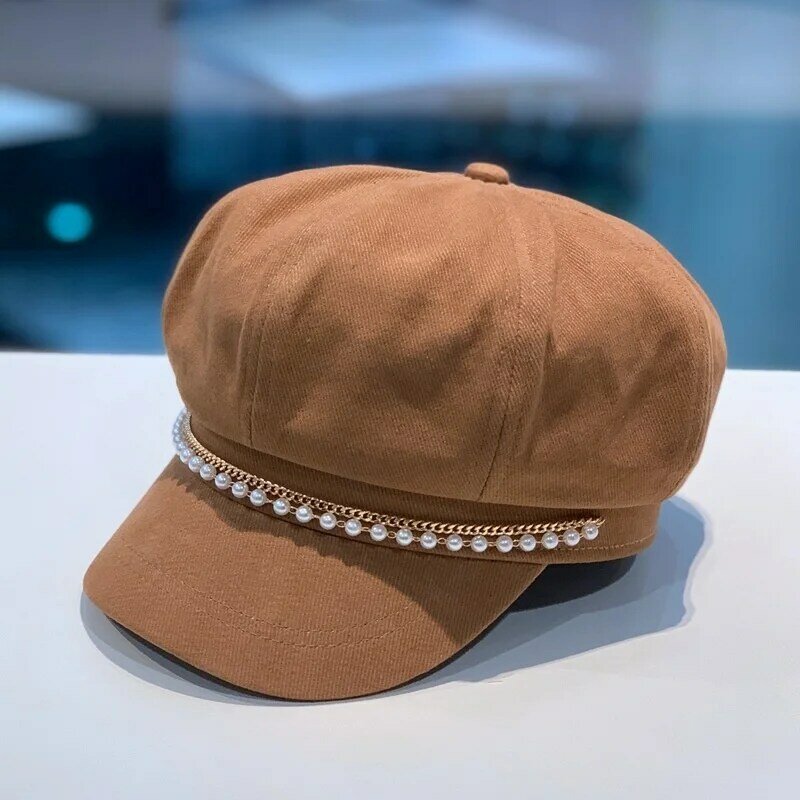 Women's Pearl Chain Solid Spring and Autumn Octagonal Hats British Beret Street Fashion Women Head Accessories
