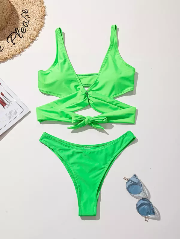 Bañador Sexy de Color liso para mujer, traje de baño sin aros con lazo en la espalda, Bikini con Espalda descubierta, ropa de playa, novedad de 2024