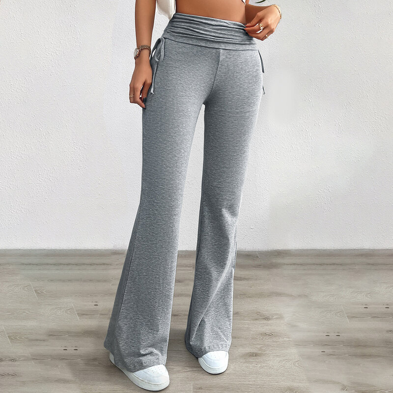 Yeae-slim plissado micro-calças grandes, cor sólida, stretch, queimado, de pernas largas, cintura elástica, fitness, yoga, novo design