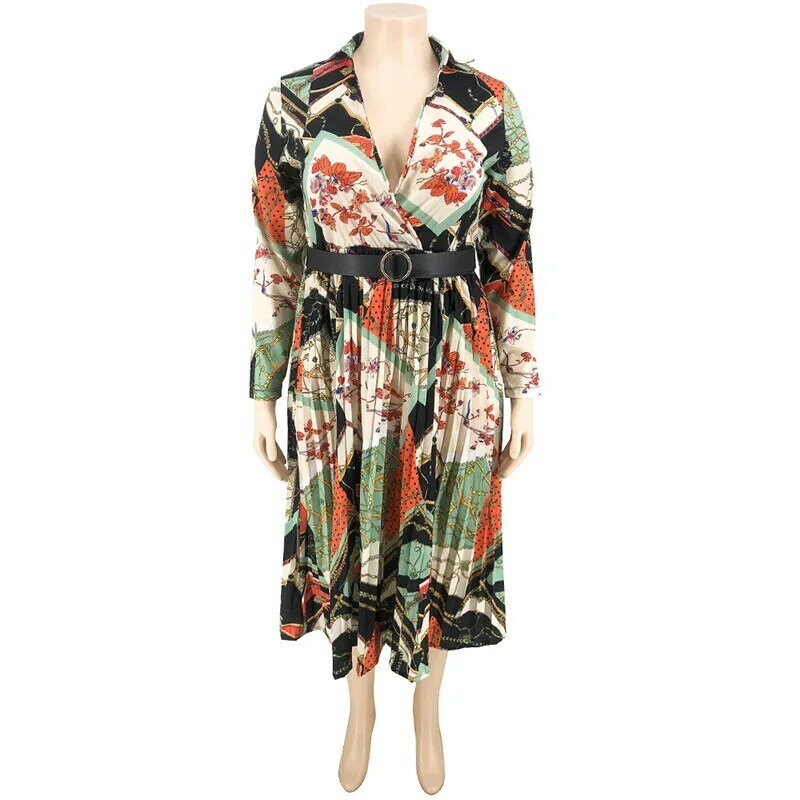 Plus size elegantes plissiertes Kleid mit Gürtel XL-5XL Herbst Langarm geraffte bedruckte Damen Halb kleider Büro Dame Vestidos 2023