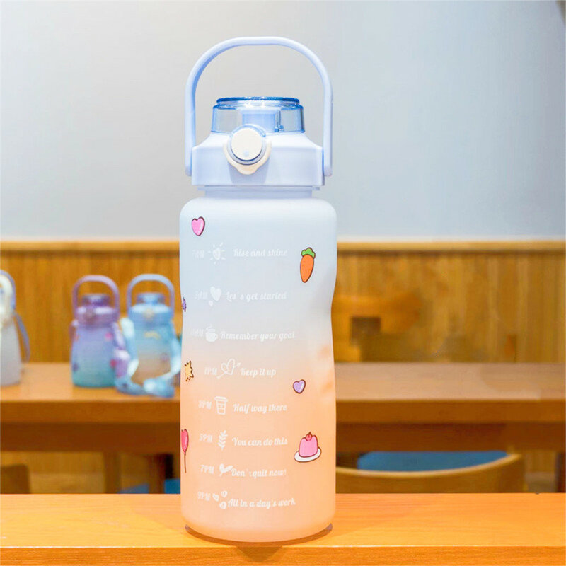 2 Liter Neue Outdoor Große Kapazität Sport Wasser Flasche Gradienten Wasserkocher Bombe Abdeckung Stroh Tasse Mit Zeit Marker Dicht für gym