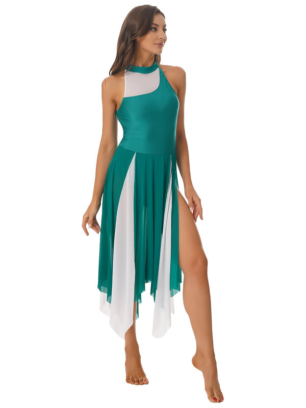 여자 Lyrical 댄스 의상 현대 드레스 민소매 메쉬 발레 댄스 체조 레오타드 드레스 무대 성능 착용
