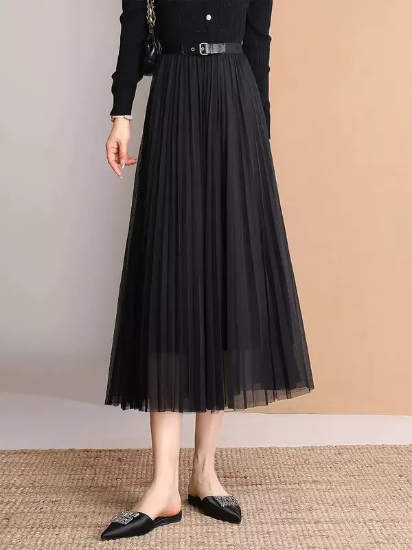 LOUIS YAO-Falda plisada de malla para mujer, falda larga de cintura alta con cinturón, elástica, novedad de verano, 2024