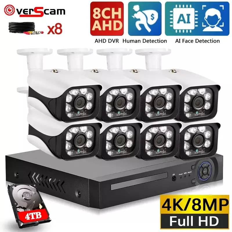 Kit de sistema de seguridad de cámara CCTV AHD, detección facial, 4K, 8 canales, DVR, cámara Bala para exteriores, sistema de videovigilancia, 8MP, XMEYE