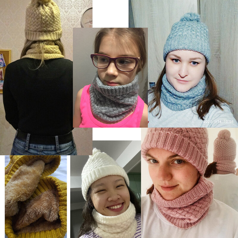 Set di sciarpe lavorate a maglia solide invernali da donna cappello a berretto con collo Snood sciarpe facili berretto di pelliccia calda di Cashmere collari di lana sciarpe per bambini uomini